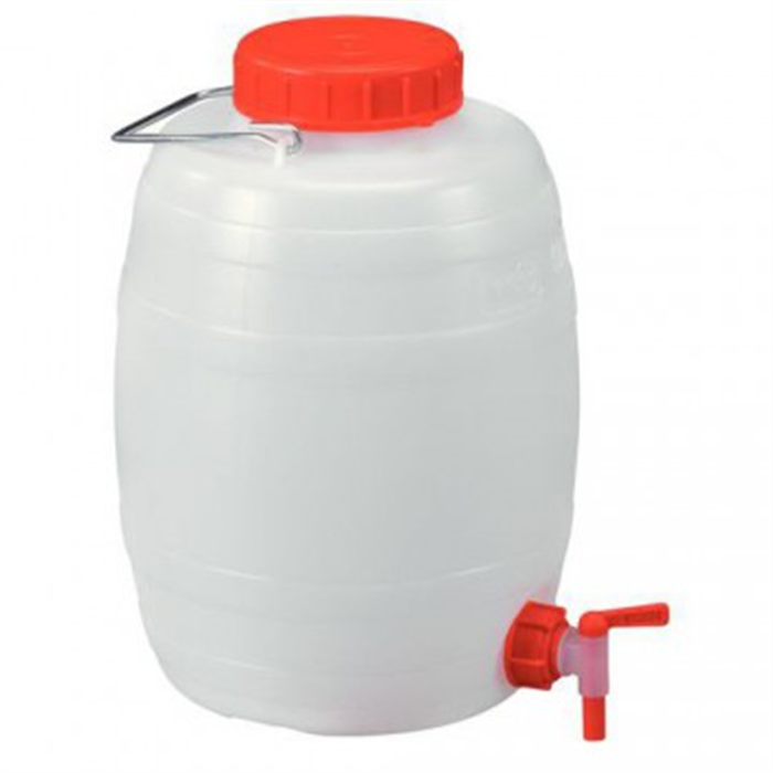 Fût à large ouverture de 25 L en polyéthylène blanc avec couvercle et  robinet Secteur Alimentaire